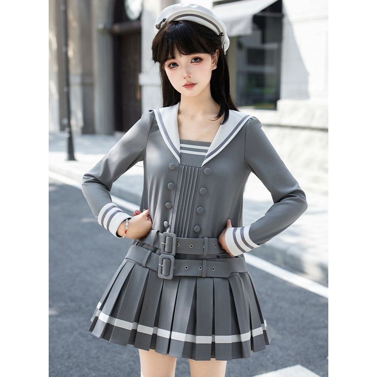 ダブルベルトグレーセーラー服セットアップ | Maiden's Rêve