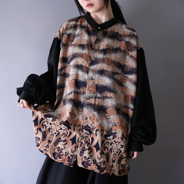 "刺繍×花" asymmetry design over silhouette fake suede shirt