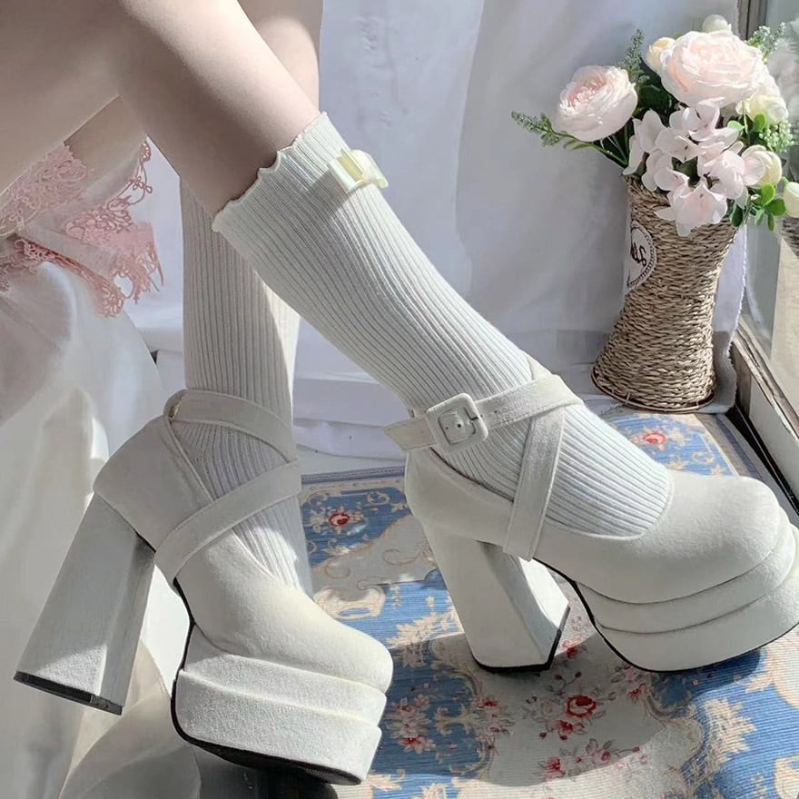 厚底パンプス 量産型 クロスストラップ 赤 ベルベット チャンキー