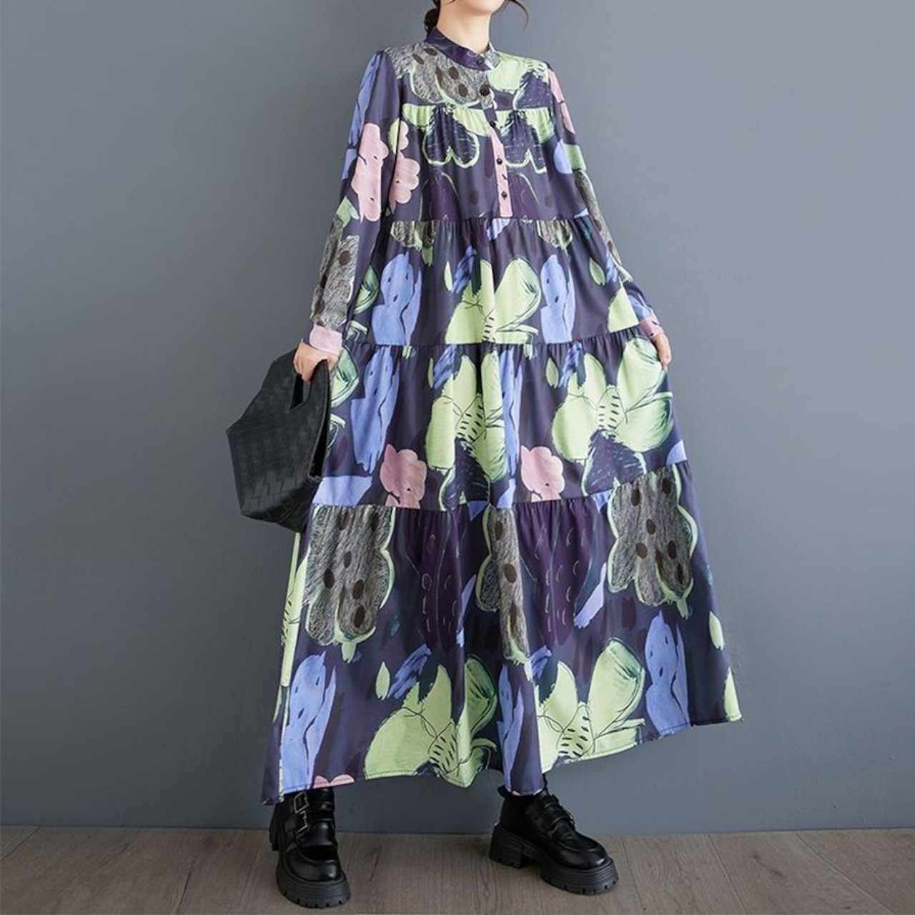 ボタニカル柄 ティアードワンピース 00129