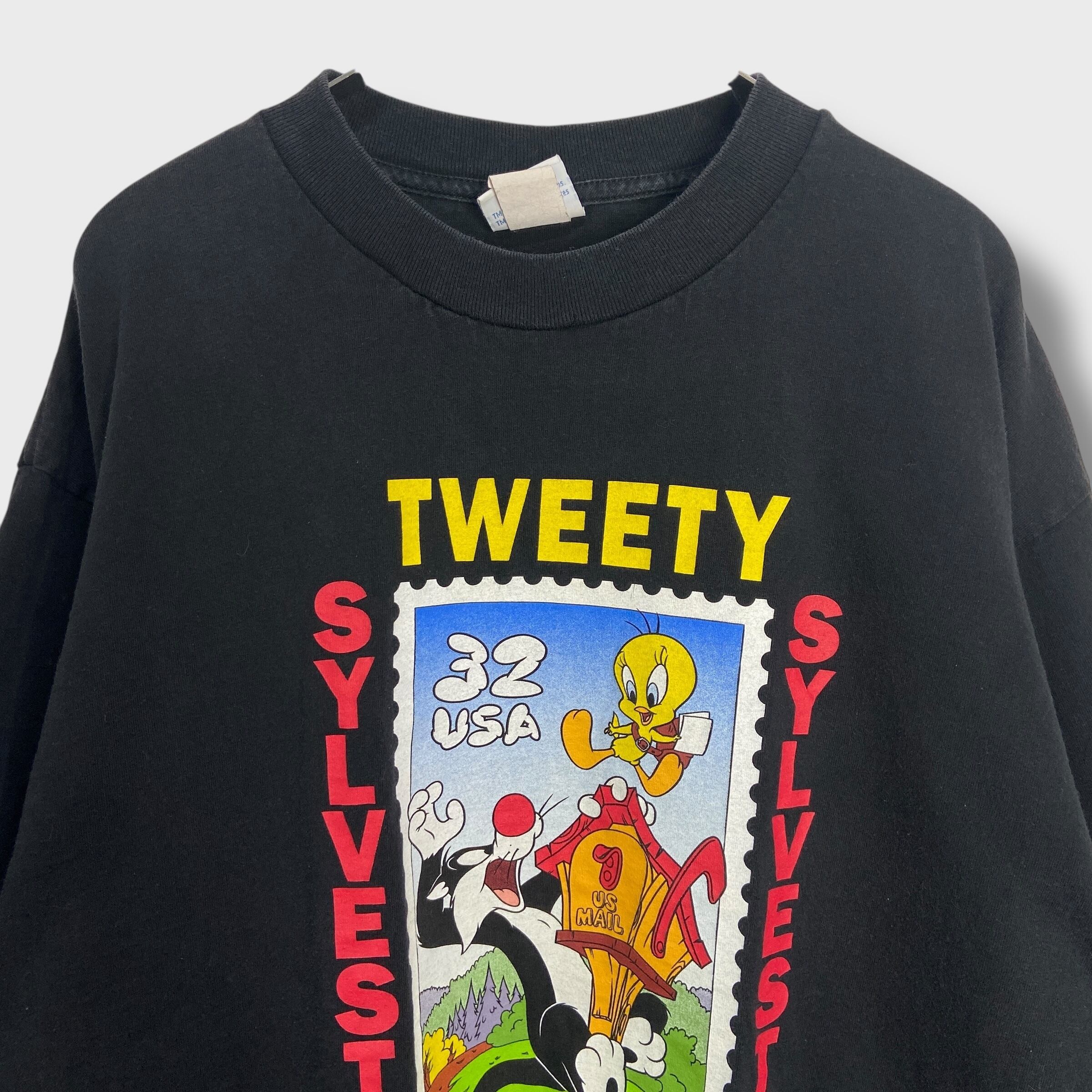 USA製 90s ルーニーテューンズ Tシャツ シルベスター トゥイーティー 紫 90s ルーニーテューンズ キャラTシャツ 切手 シルベスター