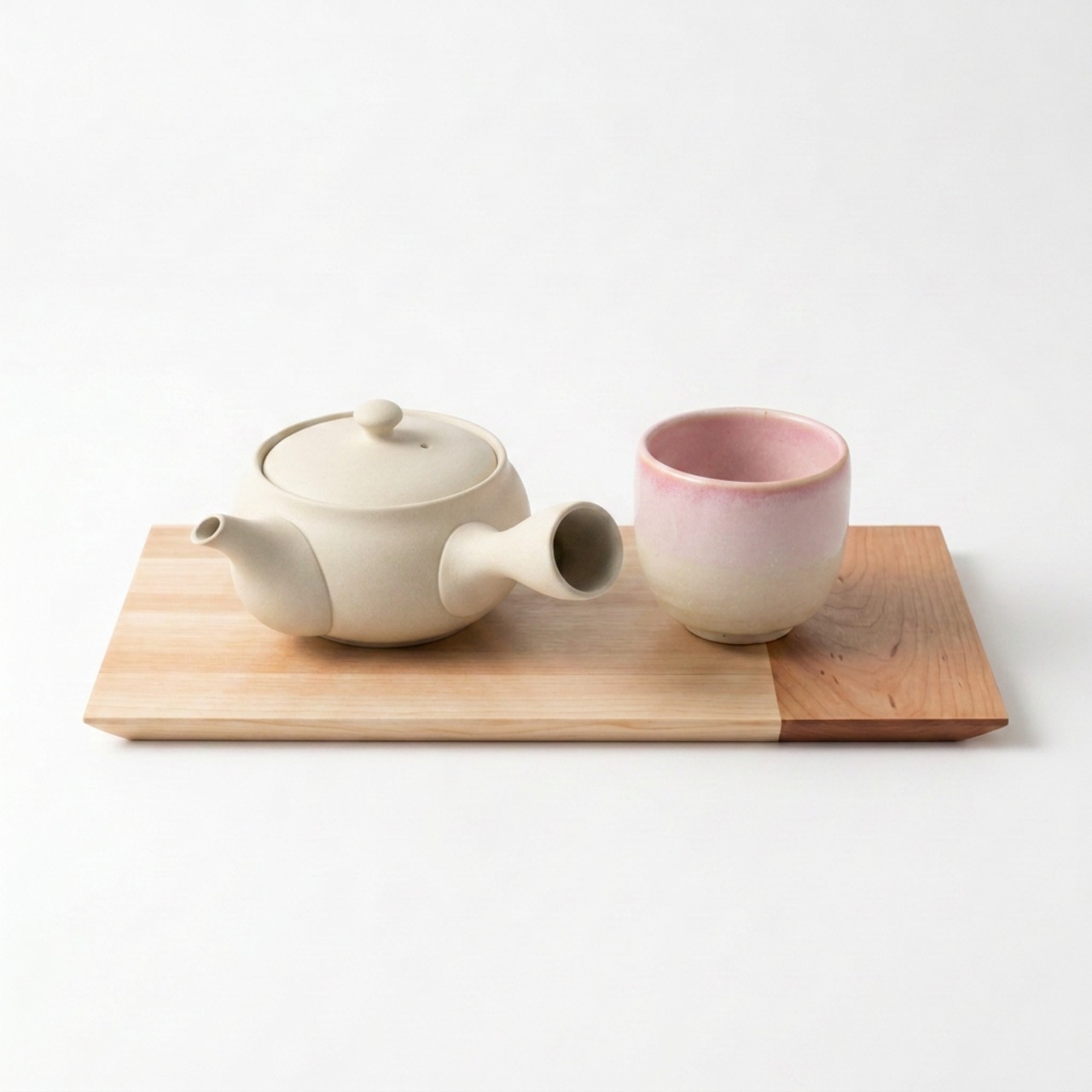 余白【日本茶三点セット】常滑急須 檜と桜のトレー 湯呑み 白