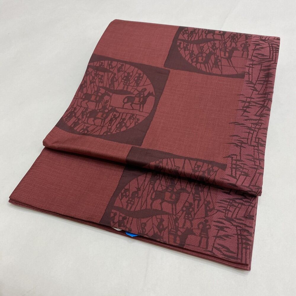 中古 洒落袋帯 正絹 連続模様 六通柄 レッド Bランク 430cm 5453