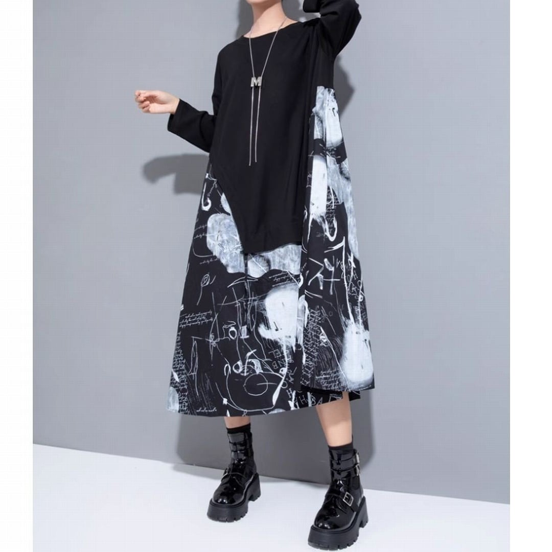 異素材MIXプリント柄ゆったりシャツワンピース ON0519