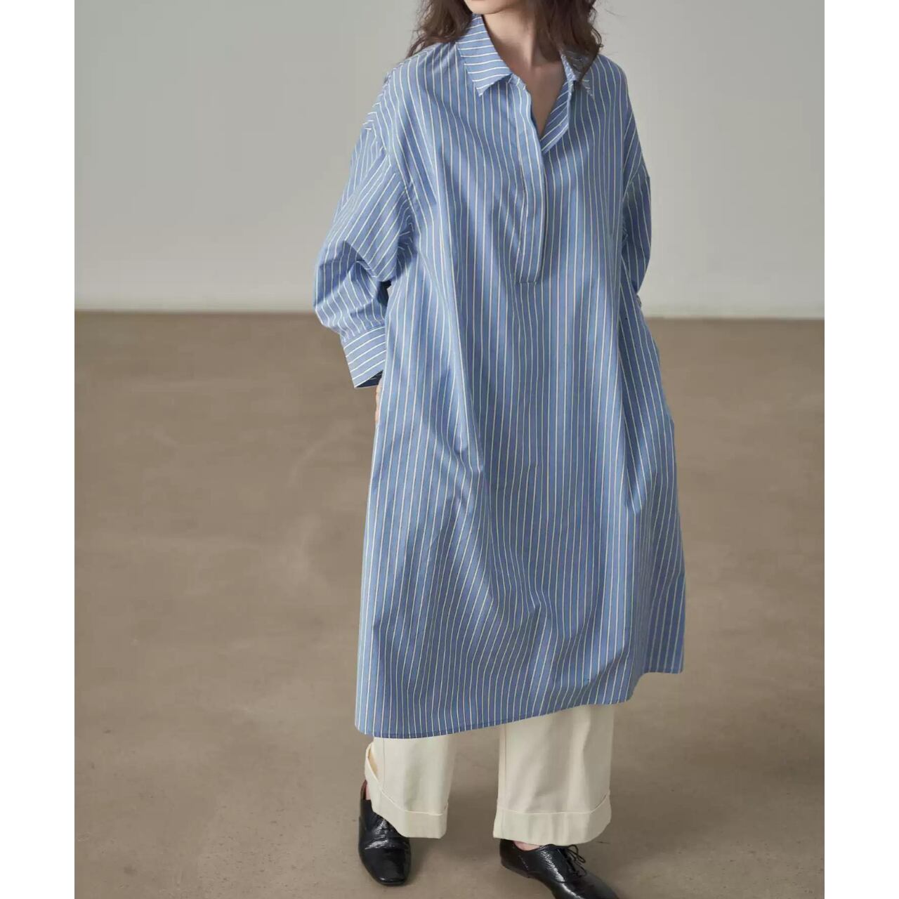 ハーフボタンストライプミディワンピース OP2895