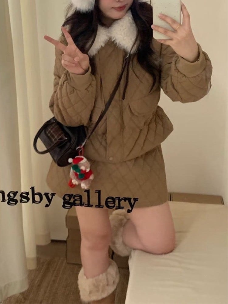 冬の“可愛い”はセットで叶う キルティング×ファーカラーのセットアップ ショート丈 ジャケット 大人可愛い お洒落 中綿 体型カバー 冬 コーデ セット 大きいサイズ 韓国 CH11357
