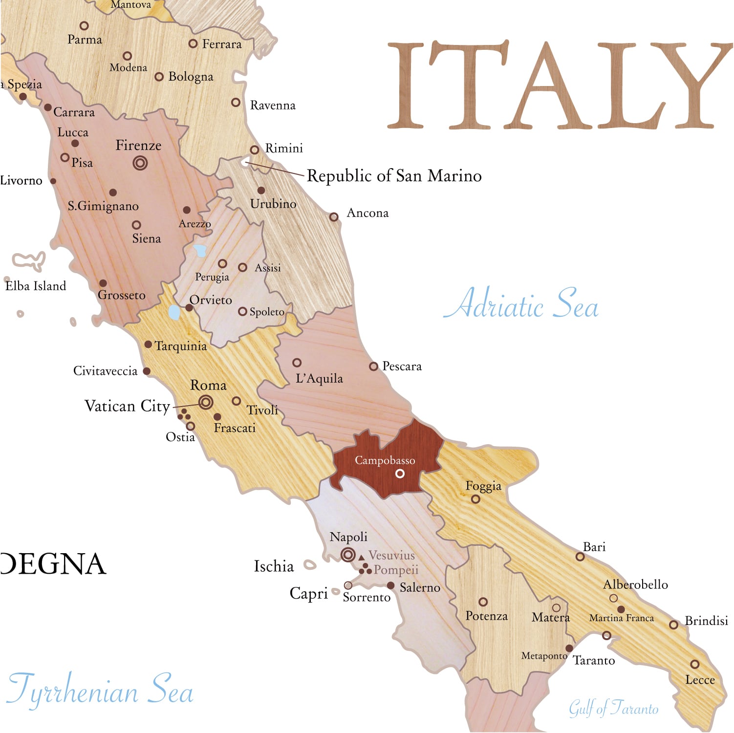 送料無料】英語版 木目調のイタリア地図 【受注生産】A2サイズ マップ