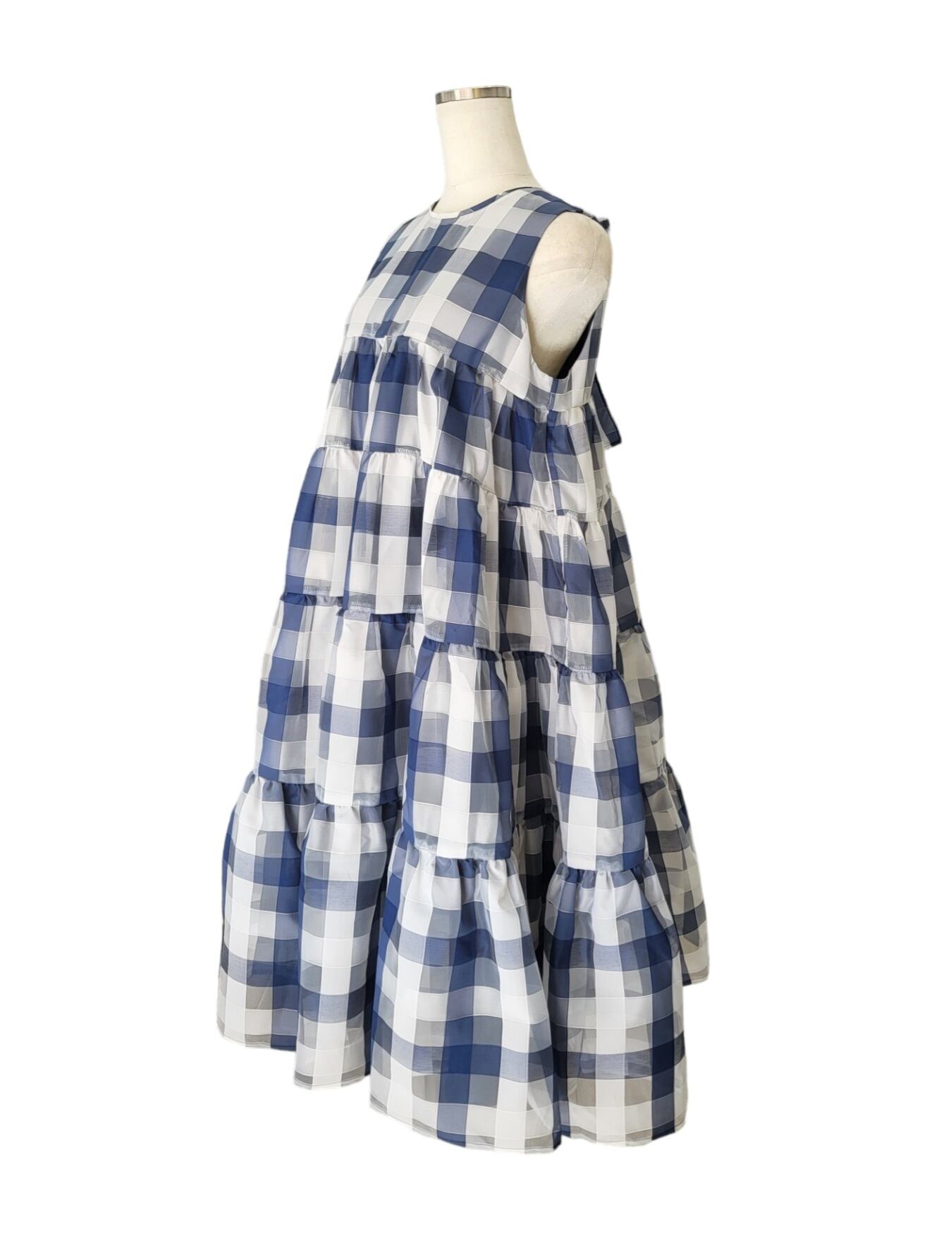 ＡＩ様オーダー確認用です。バックリボンワンピース♪(๑ᴖ◡ᴖ๑)♪ バックリボンティアードワンピース オーガンジー Check Navy