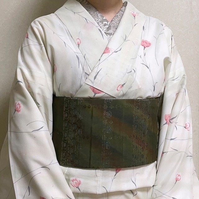 『remake』深緑地にキラキラポップな草花模様が大人かわいい半幅帯
