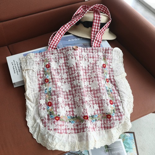 4色／レース刺繍チェック柄トートバッグ ・12311