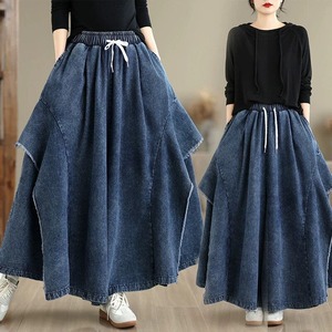 DRAWSTRING WAIST A-LINE WIDE LEG DENIM PANTS 1color M-16410