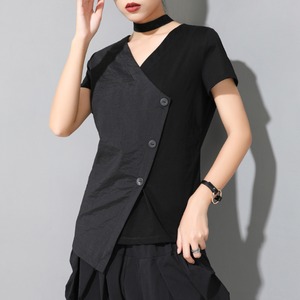 Asymmetrical V-Neck Front Button Short Sleeve Shirt       00109