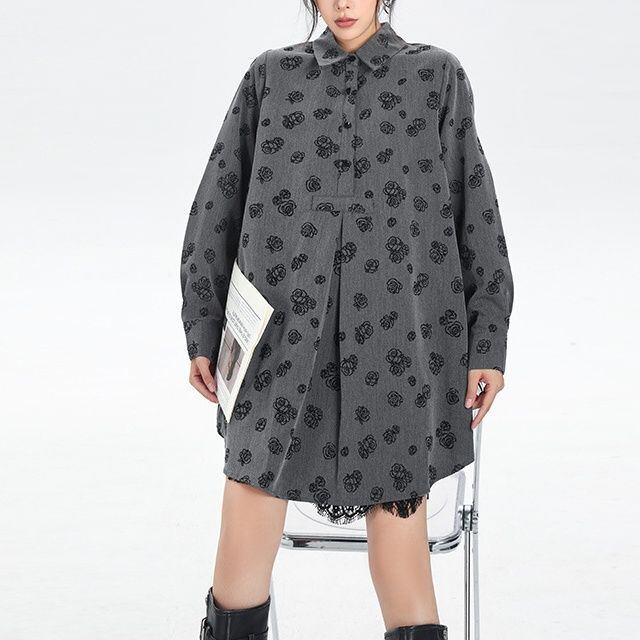 ROSE EMBROIDERED GRAY HALF BUTTON TUNIC SHIRT 1color M-14567