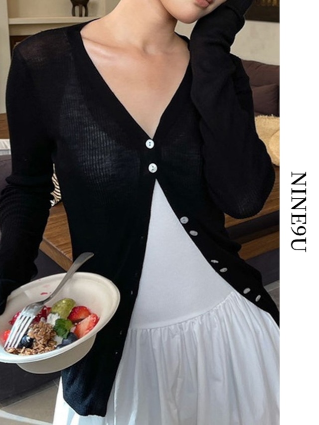 sheer tight v-neck cardigan【NINE9466】