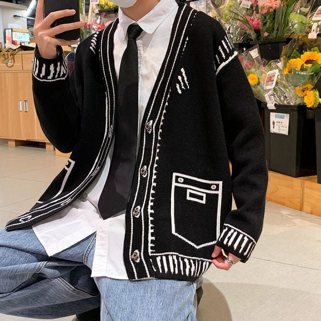 【予約販売】カーディガン ニット メンズ アウター ボーダー ブラック モノトーン だまし絵 ライン バイカラー カジュアル シック 総柄 男前 こなれ感 お洒落 韓国 トレンド 秋 冬 M/L/XL/2XL