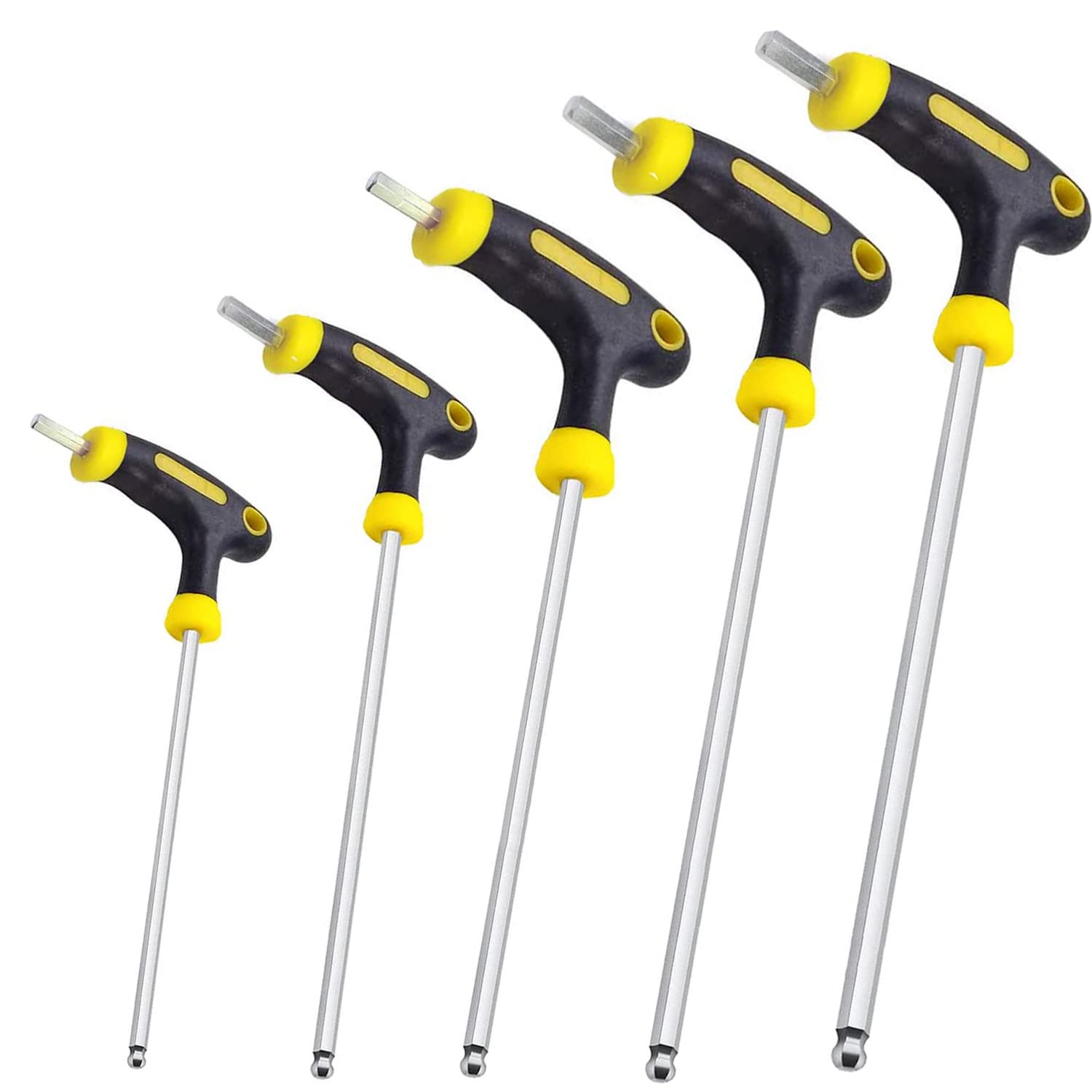 KEWAYO 5本セット 六角棒レンチT型 ロングボールポイント クロムバナジウム鋼2.5mm/3mm/4mm/5mm/6mmT形六角棒レンチ 修理 車 機械 バイク修理に適用