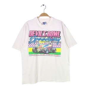 90s デビルズボウルスピードウェイ USA製 ヴィンテージTシャツ モータースポーツ ドラッグレース ホワイト シングルステッチ ヘインズ HANES サイズL 古着 @BZ0477
