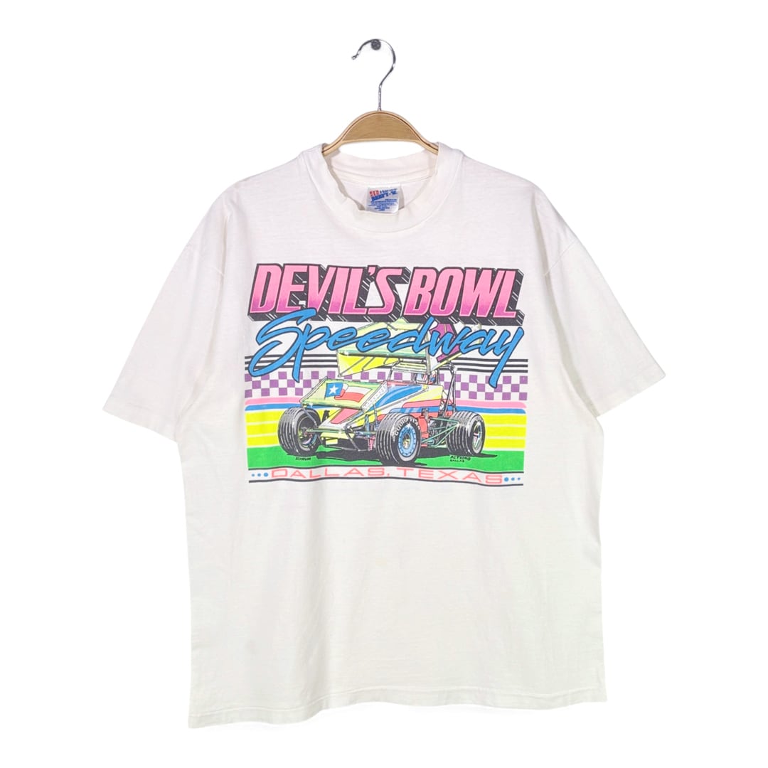 90s デビルズボウルスピードウェイ USA製 ヴィンテージTシャツ モータースポーツ ドラッグレース ホワイト シングルステッチ ヘインズ HANES サイズL 古着 @BZ0477