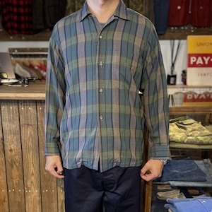 1950's～60's VINTAGE LONG SLEEVE PLAID RAYON SHIRT /  50年代～60年代 ヴィンテージ 長袖 チェック柄 オープンカラーシャツ 【着画有り】