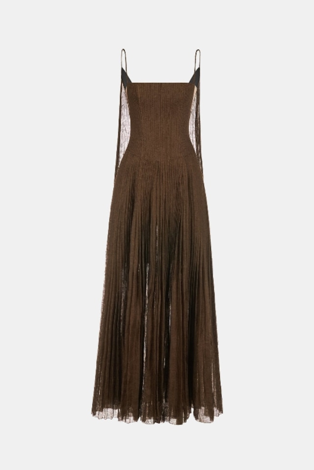 【新品DRESS 4946】チョコレートリネンマキシドレス ブラウン フレア ロングドレス プリーツ チュール キャミソール バックオープン 【MONTSAND】