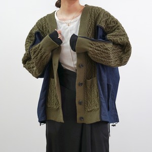 異素材切替ケーブルニットカーディガン