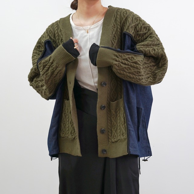 異素材切替ケーブルニットカーディガン