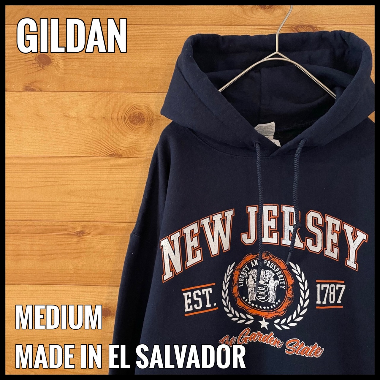 【GILDAN】ニュージャージー NEW JERSEY アーチロゴ プリント パーカー スウェット プルオーバー フーディー M US古着