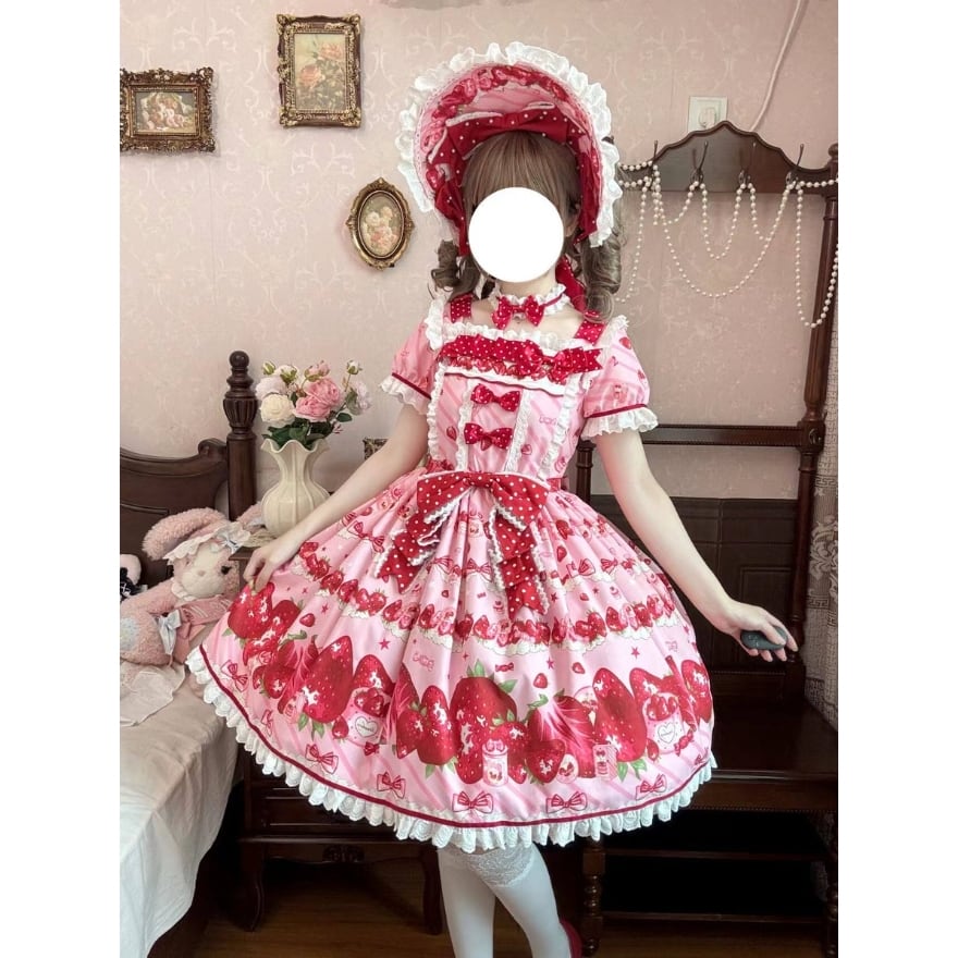 ロリータファッション 甘ロリ 夢かわいいいちご柄姫袖ワンピース