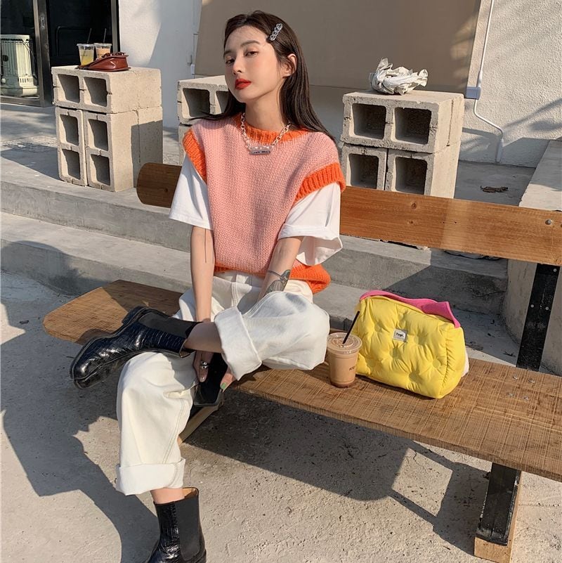 送料無料 個性派さん必見 ニット ベスト バイカラー 蛍光色 クルーネック 古着風 ゆるカジ ストリート Lamitte Deco トレンド 韓国 ファッション ショップ Base店