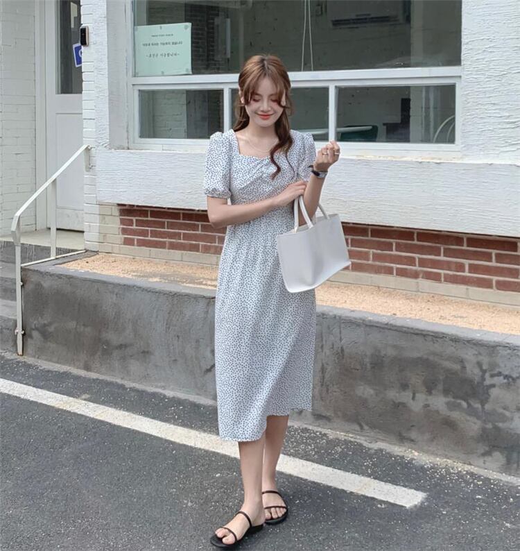 【季節にピッタリ!】INSスタイル プリント ワンピース 夏 ウエストを収める 半袖 蝶結び Aラインスカート