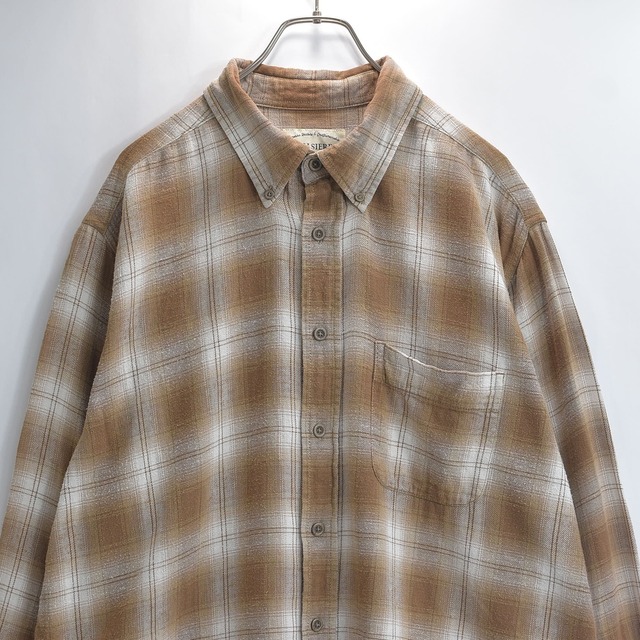 00s HIGH SIERRA ハイシェラ 長袖シャツ ネルシャツ ボタンダウン ラウンドヘム 左胸ポケット コットン オンブレチェック シャドーチェック アメカジ ライトブラウン USED ヴィンテージ ビンテージ 古着 メンズ XLサイズ