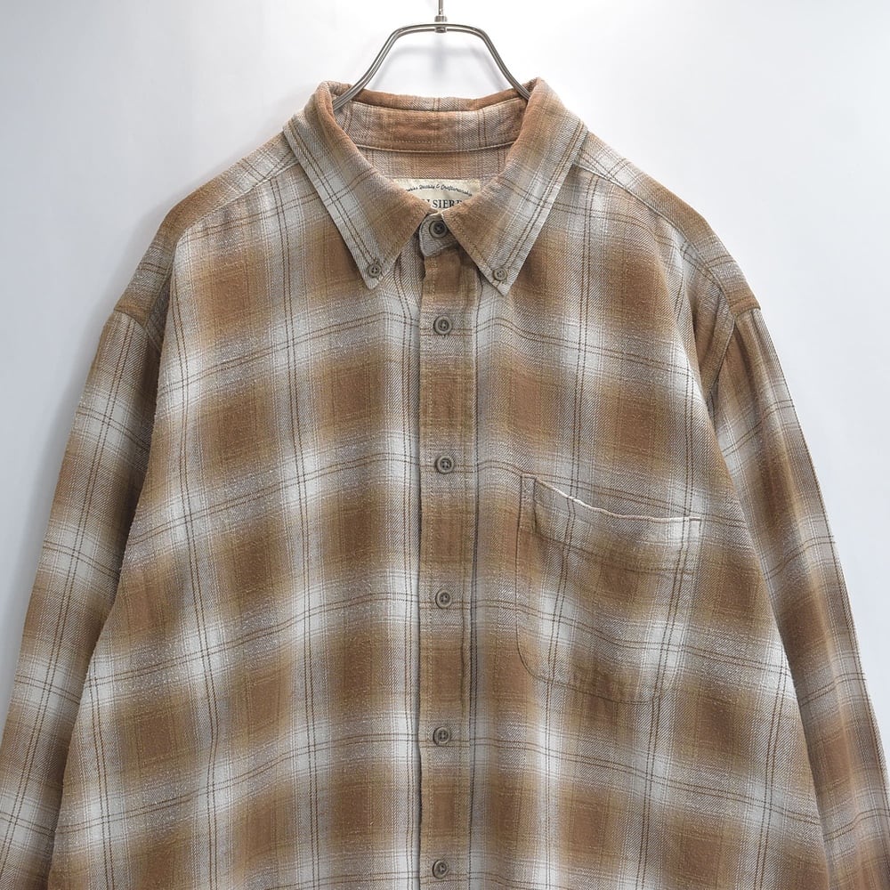 00s HIGH SIERRA ハイシェラ 長袖シャツ ネルシャツ ボタンダウン ラウンドヘム 左胸ポケット コットン オンブレチェック シャドーチェック アメカジ ライトブラウン USED ヴィンテージ ビンテージ 古着 メンズ XLサイズ
