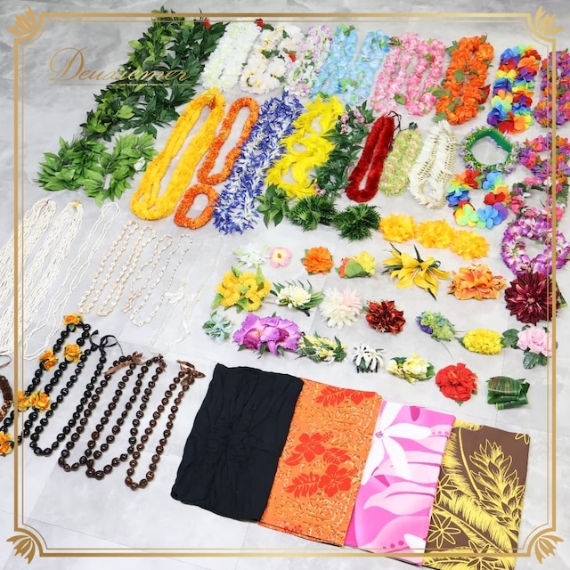 フラダンス 小物 まとめ売り 70点以上 セット レイ フラワーレイ クウペエ パレオ ネックレス シェルレイ ククイ イリマ 白 黄 緑 紫 赤 ピンク カラフル アクセサリー ヘアクリップ ヘアアクセサリー タヒチアン ホワイト系 レッド系 ピンク系