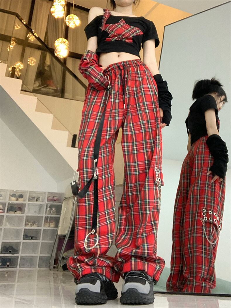 病みかわいい 赤チェックセットアップ オフショルダー スター