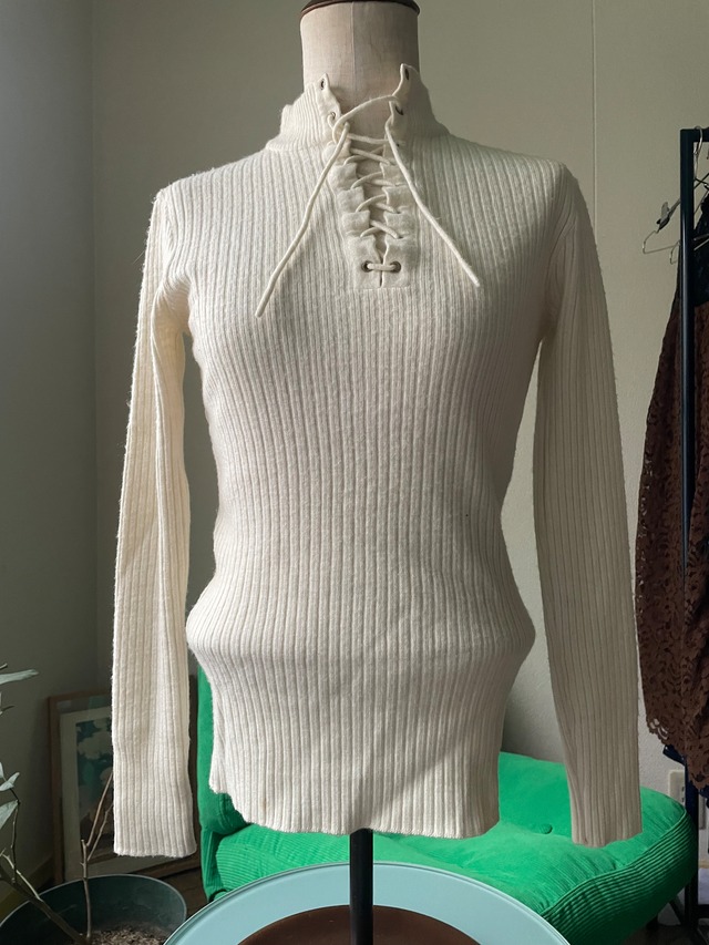 70s-80s Lace-Up High Neck Rib Knit
