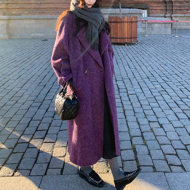 purple double faced wool long coat<o3210>