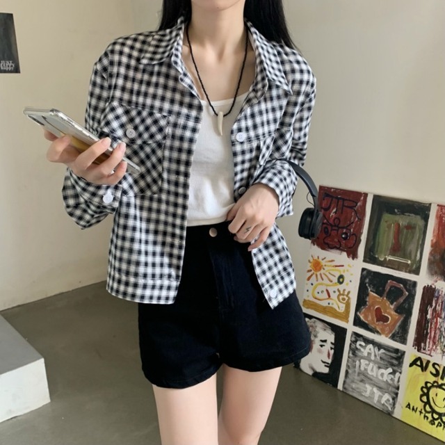 スタンダード格子柄ショートジャケット スプリングオータムルーズトップス ロング レトロ 春物 秋物 1号婦人21407331728