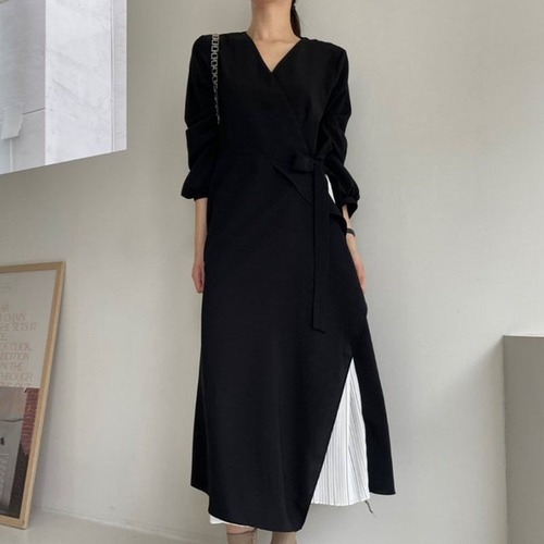 ワンピース ミモレ丈 Vネック 長袖 無地 異素材 大人可愛い シンプル きれいめ 春秋 お出かけ デート 女子会 ハイウエスト ウエストマーク