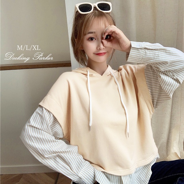 ドッキング トップス レディース 春秋 薄手パーカー 重ね着 シャツトレーナー