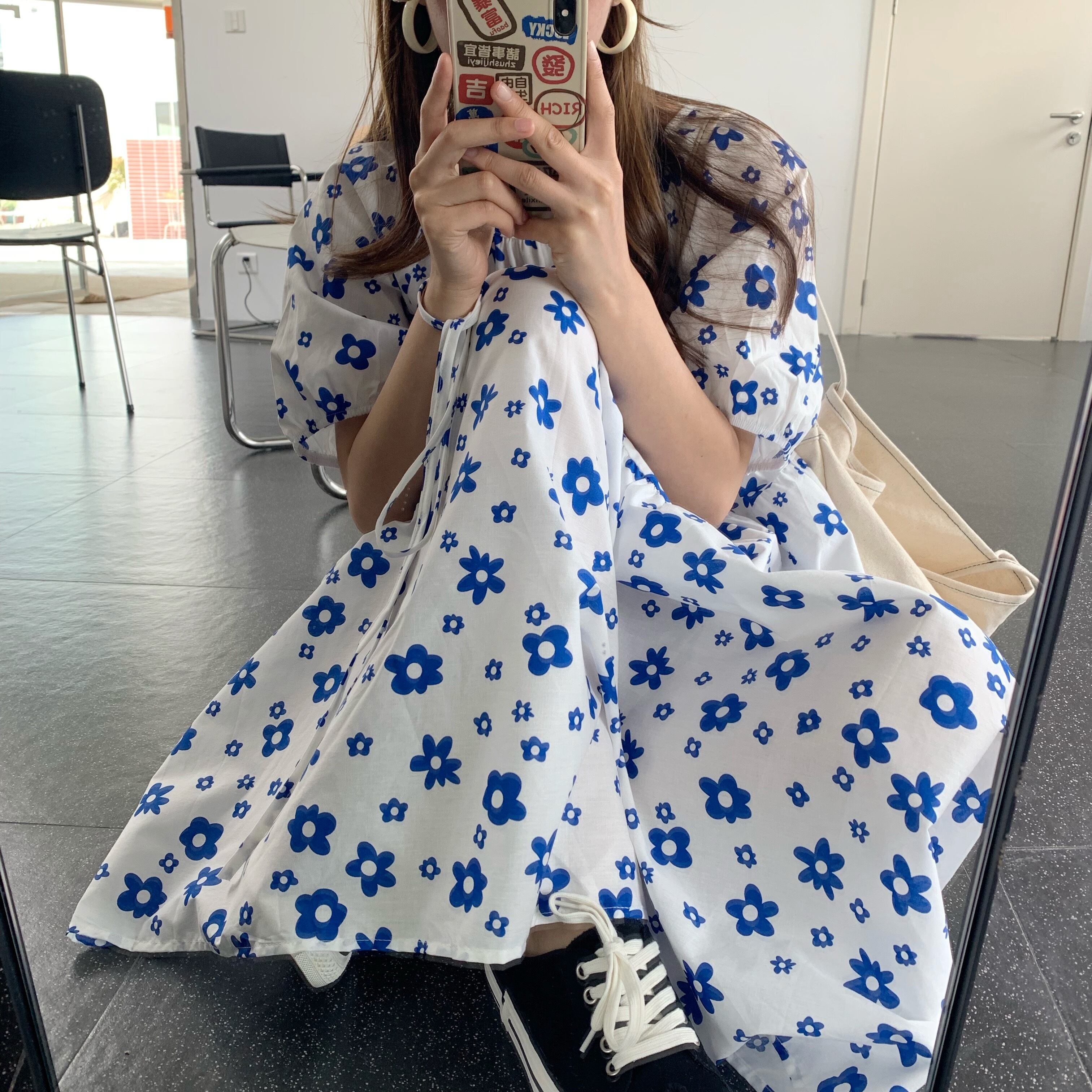 Aラインスカート ドレス サマースタイルルーズスリーブラウンドネックホルターフローラル 夏物 花柄 Oネック ステッチ ビッグFスモールZ韓国74603876560