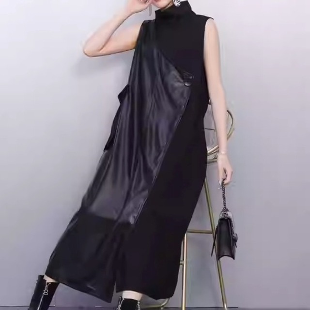 フェイクレザー パネル ワイド ミモレ丈 ノースリーブ ワンピース 1color ON1020