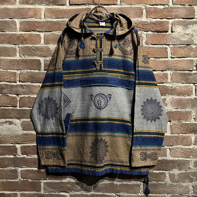 【Caka act3】Ethnic Border Pattern Vintage Hooded Loose Pullover