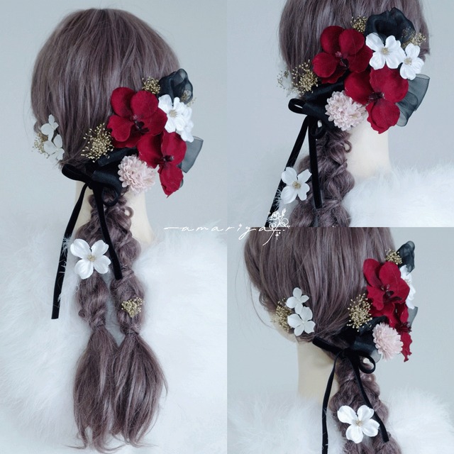 髪飾り　深紅ベルベットオーキッドとブラックリボン