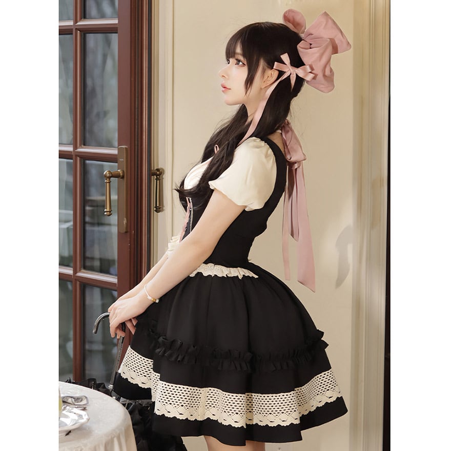 ワンピース メイド風 パフスリーブ フレアスカート フリル レース