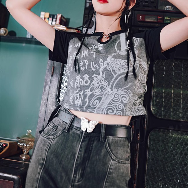 ゴスロリ通販 With U ゴシック ロリィタ チャイナ風 ゴシック 古怪舎 Tシャツ ショート丈  レトロ柄 プリント 大人 暗黒 高見え きれいめ 原宿ファッション 病み可愛い