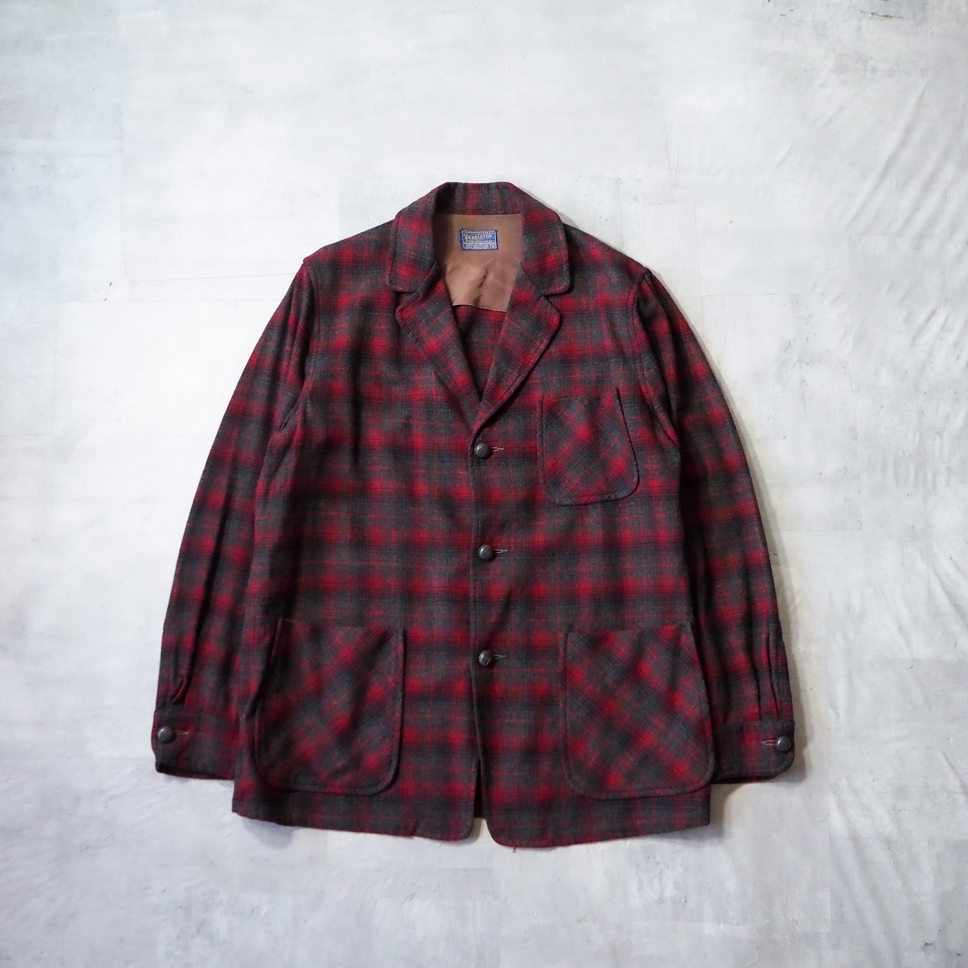 50s-60s “PENDLTON” red × black ombre shadow check pattarn wool