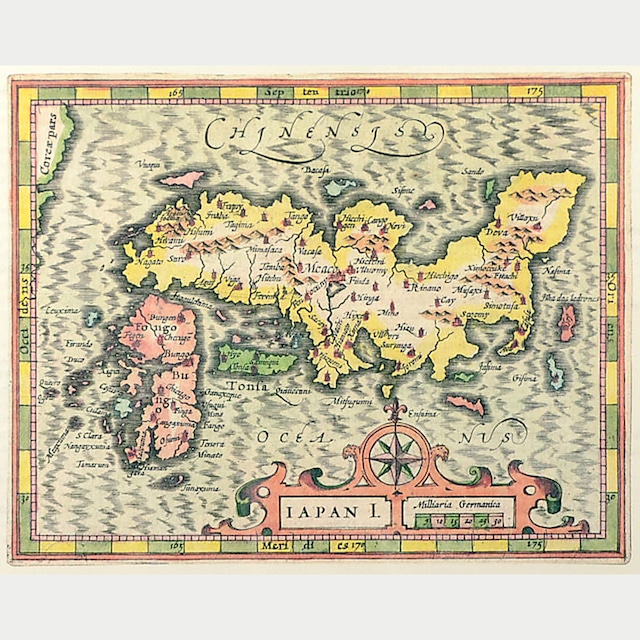 [009] ジェラルド・メルカトール作『世界地図帳』の中の単独日本地図の複製版　A4マルチパネル両面仕様　フレーム：ゴールド　透明アクリル板（t3.0）