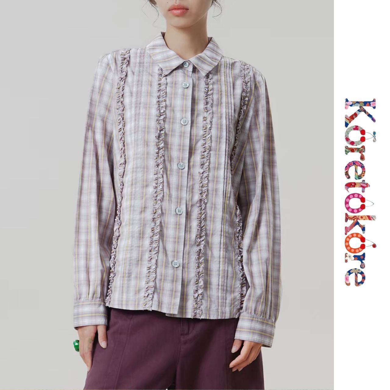 Vintage Plaid Ruffle Trim Cotton Shirt A0333