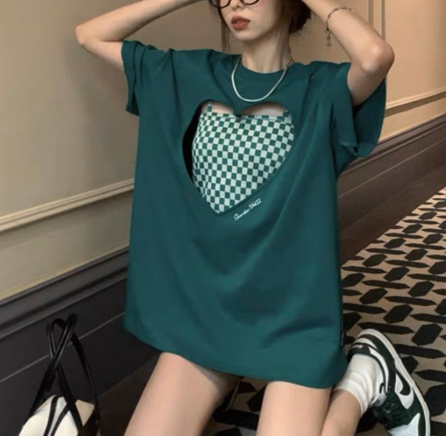 セットアップ グリーン 柄 ハート 白シャツ  個性的  柄 モード 韓国ファッション トップス  ロンT