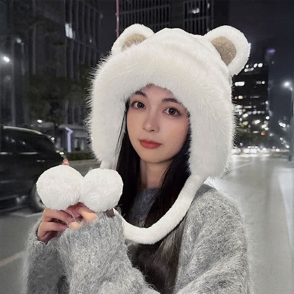 くま耳 ファー ハット レディース 韓国 帽子 防寒 保温 おしゃれ 大人 かわいい 暖かい 柔らかい 小顔 ふわふわ ポンポン付き 大人可愛い 大人女子